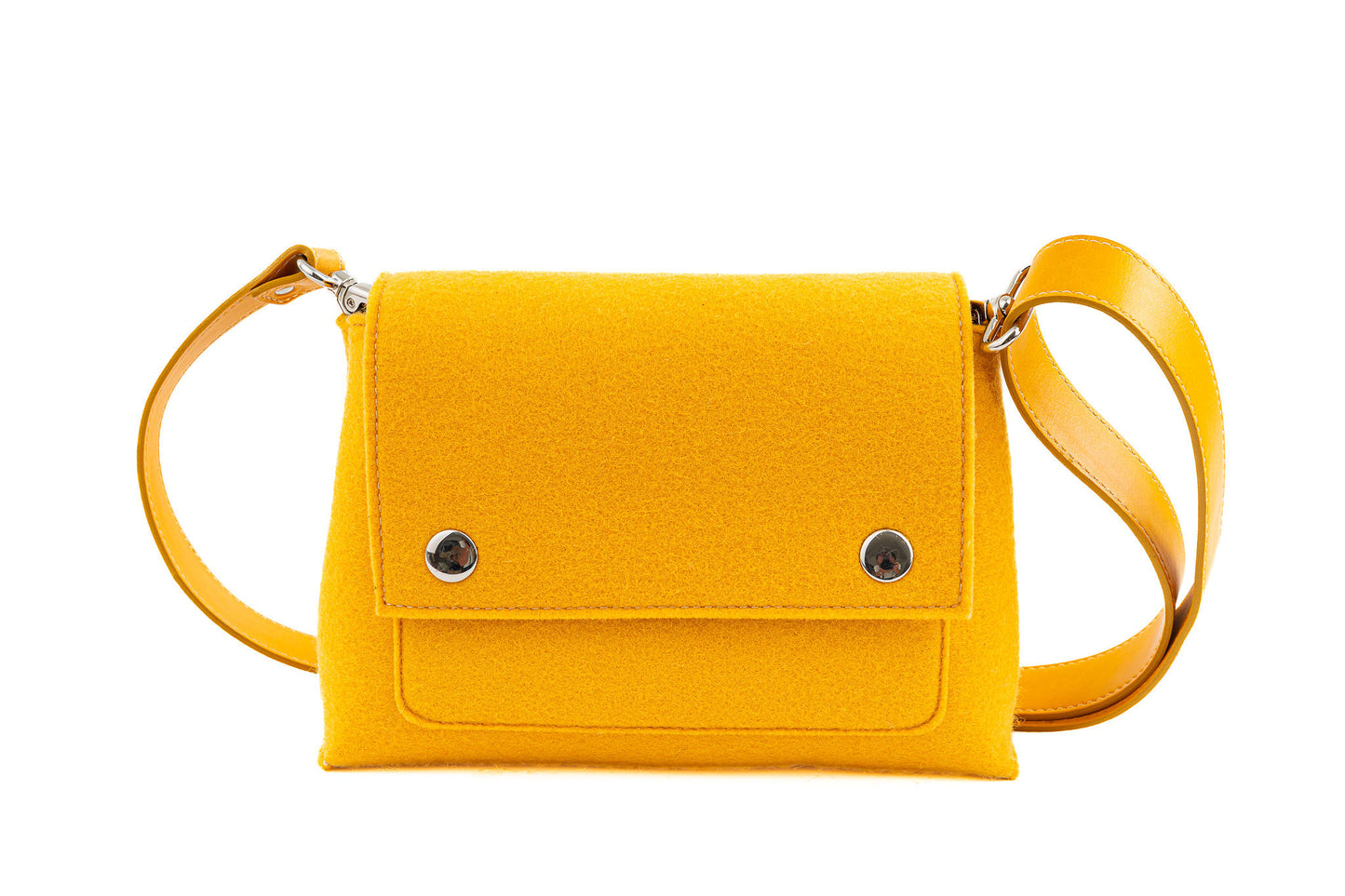 JOY Yellow Crossbody Bag: Small, stylish, and ergonomic with vibrant color options. Features 3 pockets (2 external, 1 internal) for essentials, flap with magnetic closure, and adjustable strap for comfort. Made from 3mm Merino wool felt and bio-based vegan leather. Handmade in Italy.