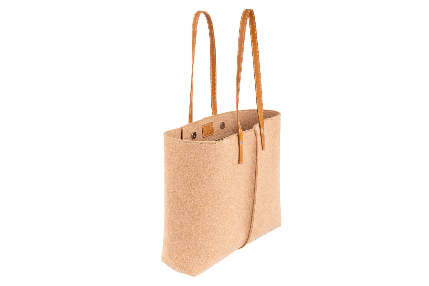 Tote Bag Large Camel made of Merino wool felt and vegan leather, featuring two large internal pockets. Soft, sturdy, and roomy, perfect for work or a day out. Easy access with internal magnetic buttons and a large opening. Handmade in Italy, comes with a natural cotton dust bag. - Lefrac